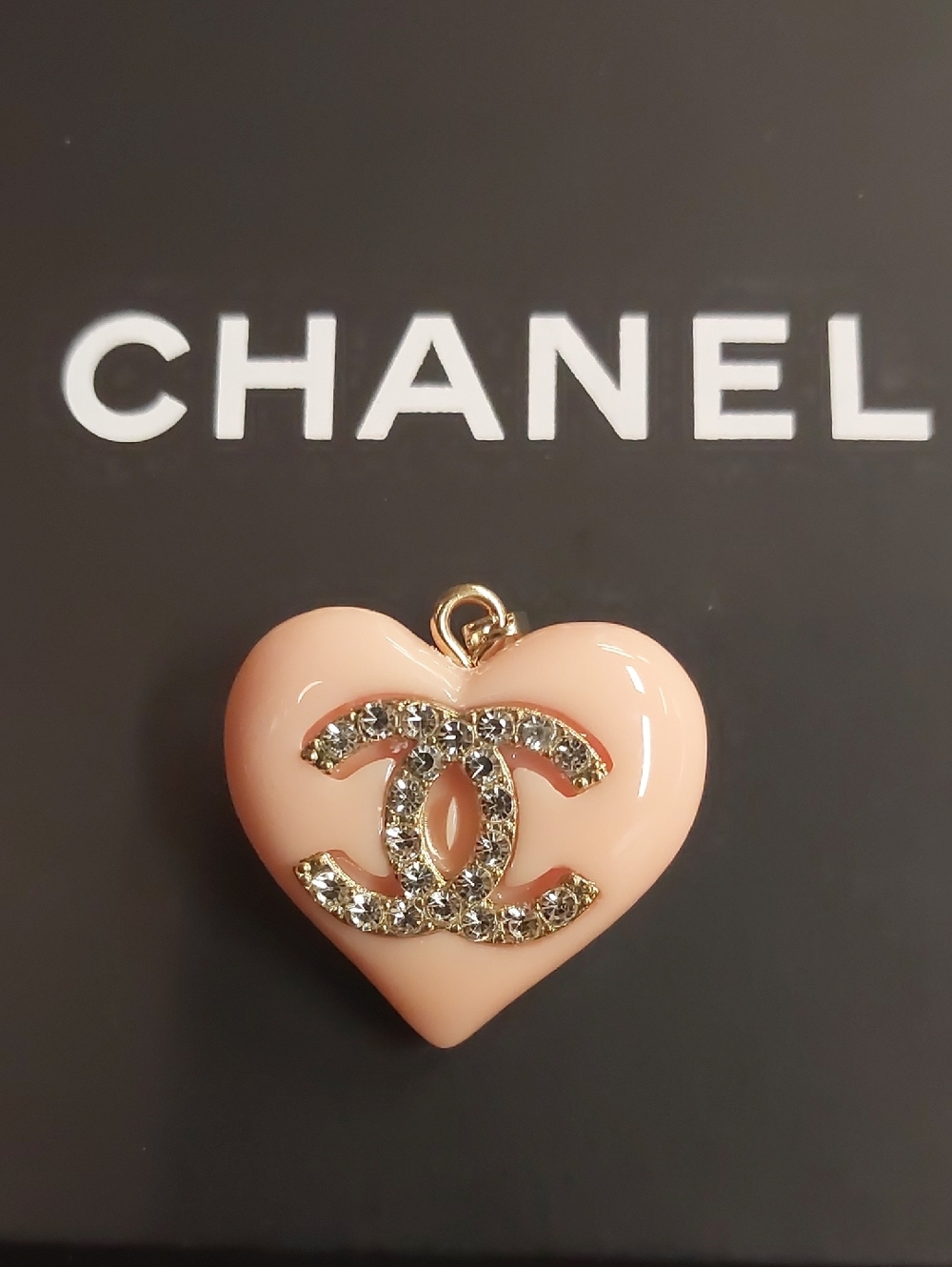 CC Peach Pink Heart Charm Pendant with Crystal CC Logo